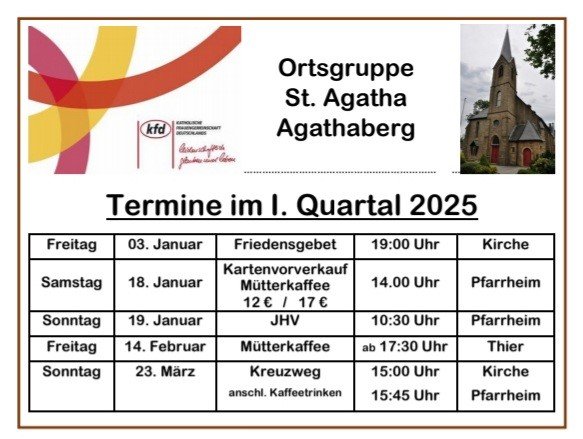 kfd St. Agatha Termine I. Quartal 2025 (c) Susanne Licht (kfd Vorstand Agathaberg)